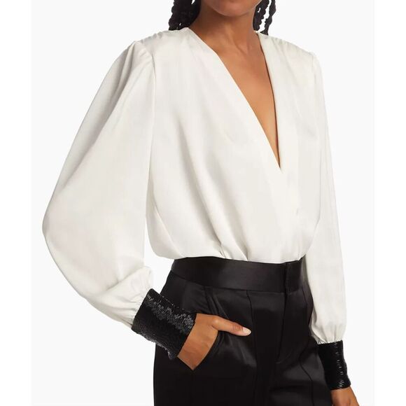 NEW RAMY BROOK IVORY SELENA WRAP FRONT SEQUIN BEADED CUFFS SATIN BODYSUIT TOP M - Picture 2 of 6